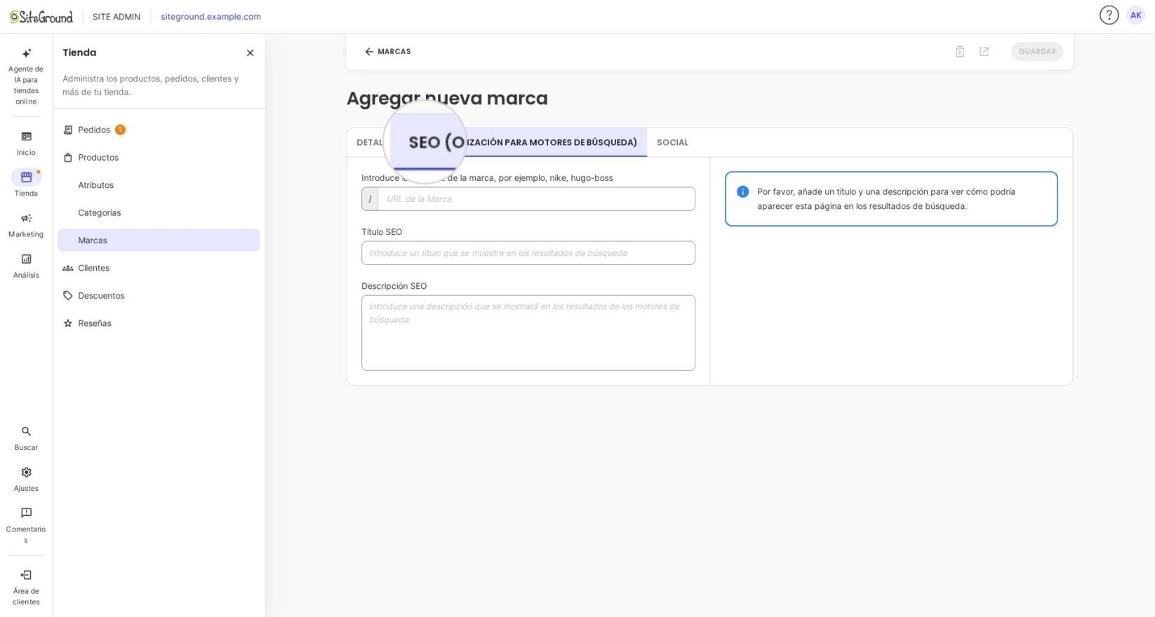 Configuraciones SEO de marca en SiteGround Ecommerce