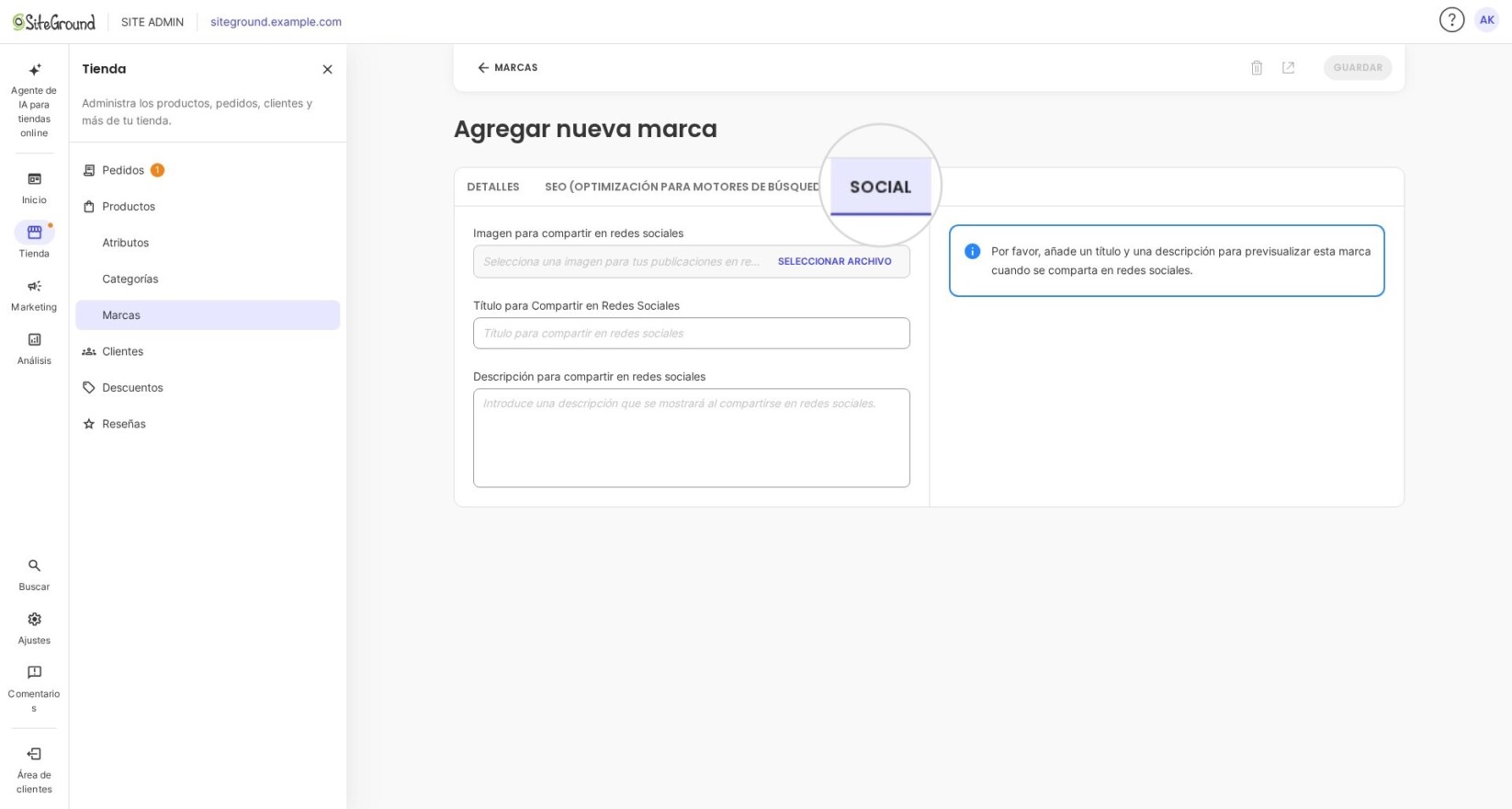 Configuraciones sociales de marca en SiteGround Ecommerce