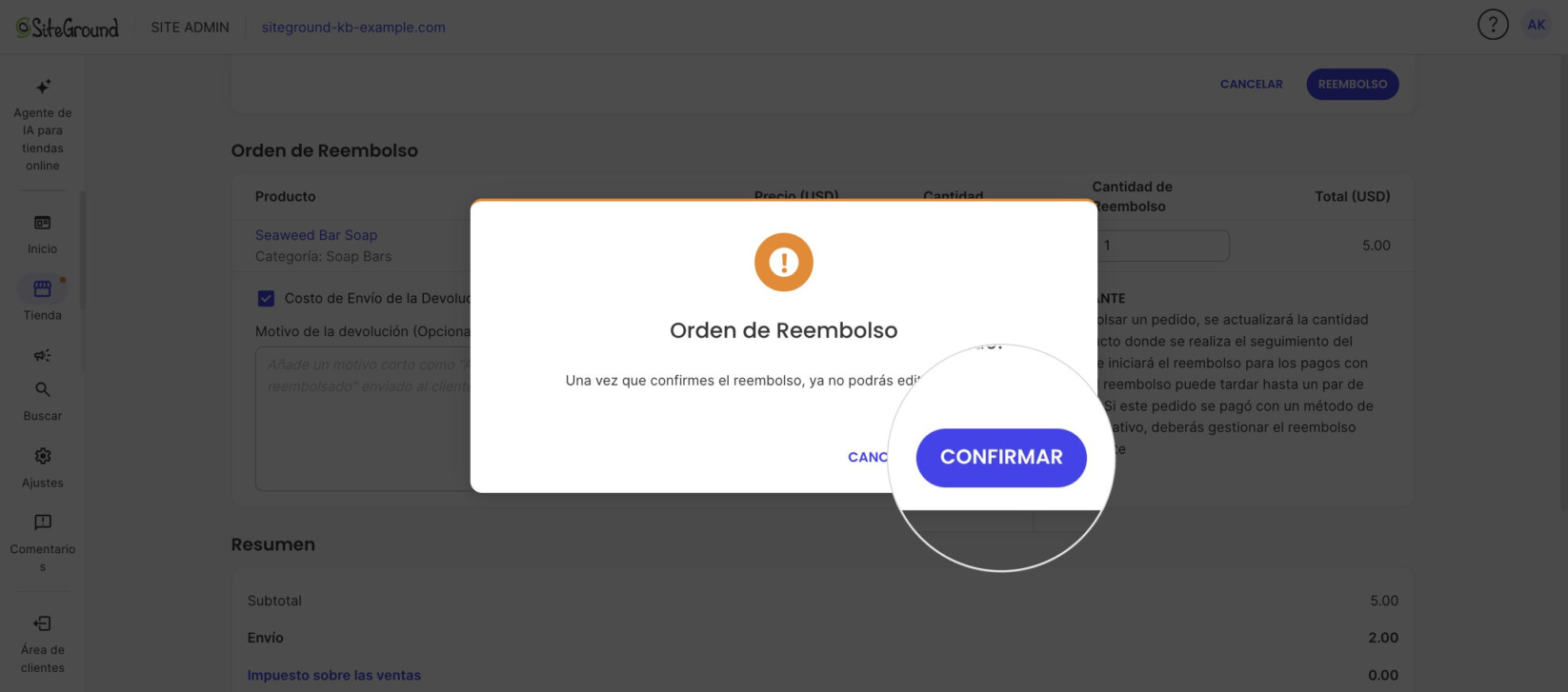 El diálogo de advertencia que indica que el reembolso no se puede revertir, con Confirmar resaltado.