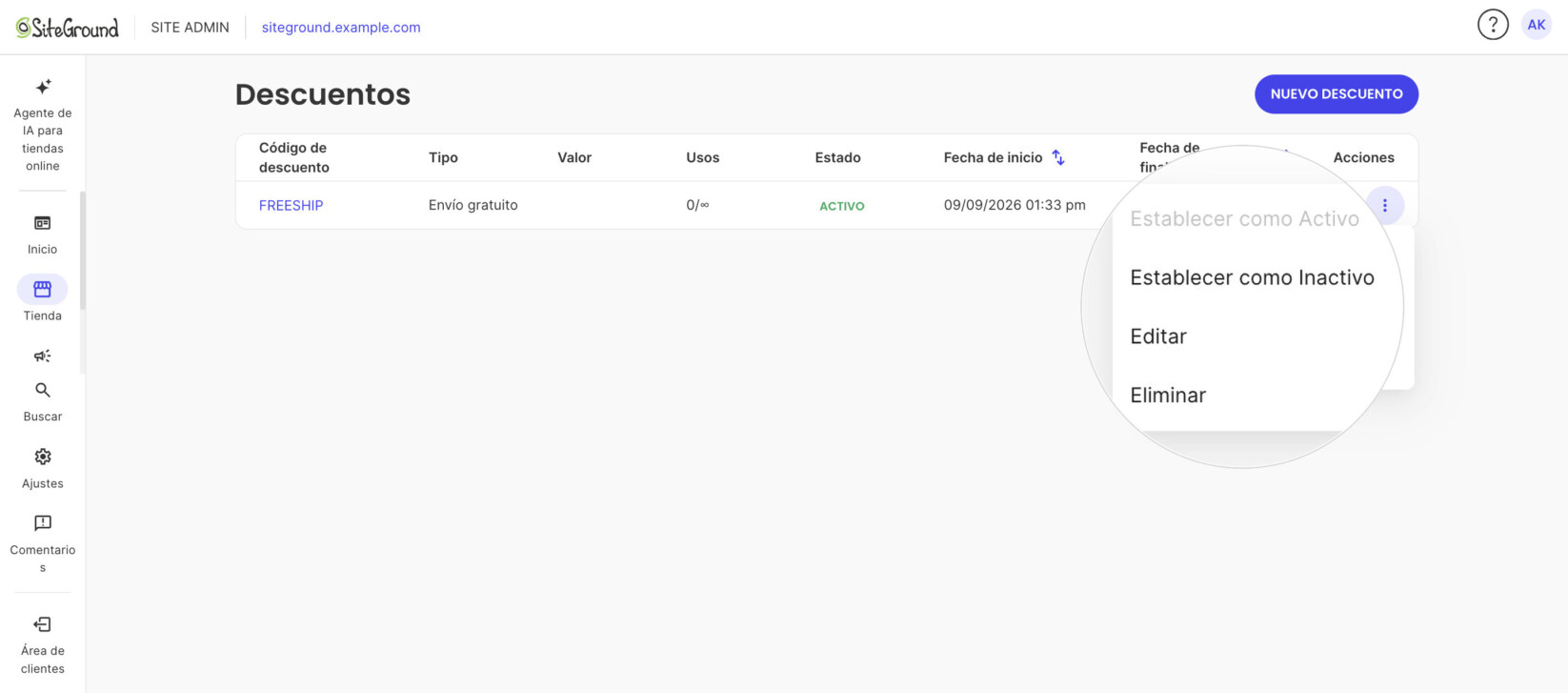 La lista de Descuentos con el descuento FREESHIP y su menú Acciones abierto: Activo o Inactivo, Editar, Eliminar.