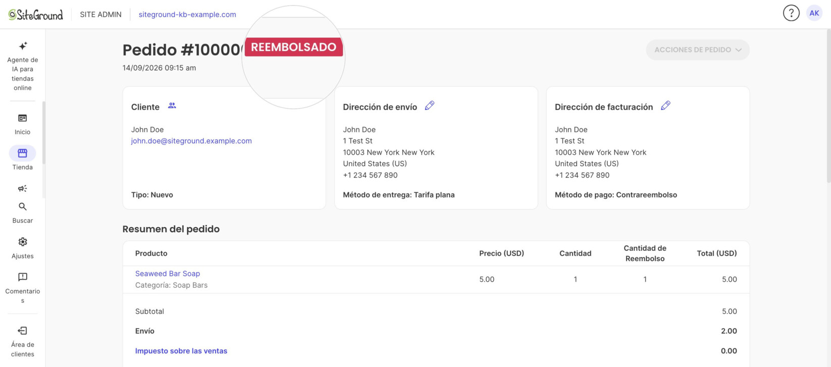 La página del pedido tras el reembolso, con la etiqueta de estado Reembolsado junto al número.