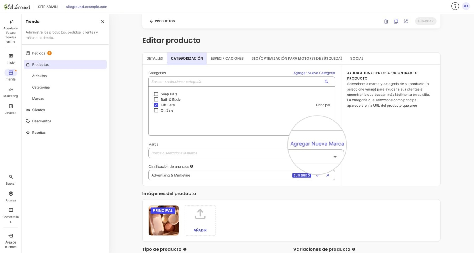 Botón Añadir Nueva Marca en un editor de producto