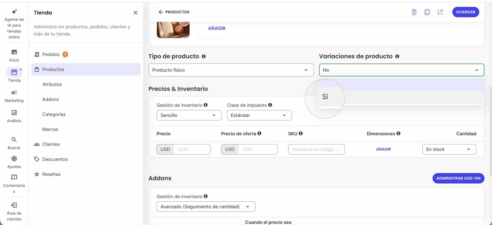 desplázate hacia abajo hasta el menú desplegable "¿Con variantes?" y selecciona Sí