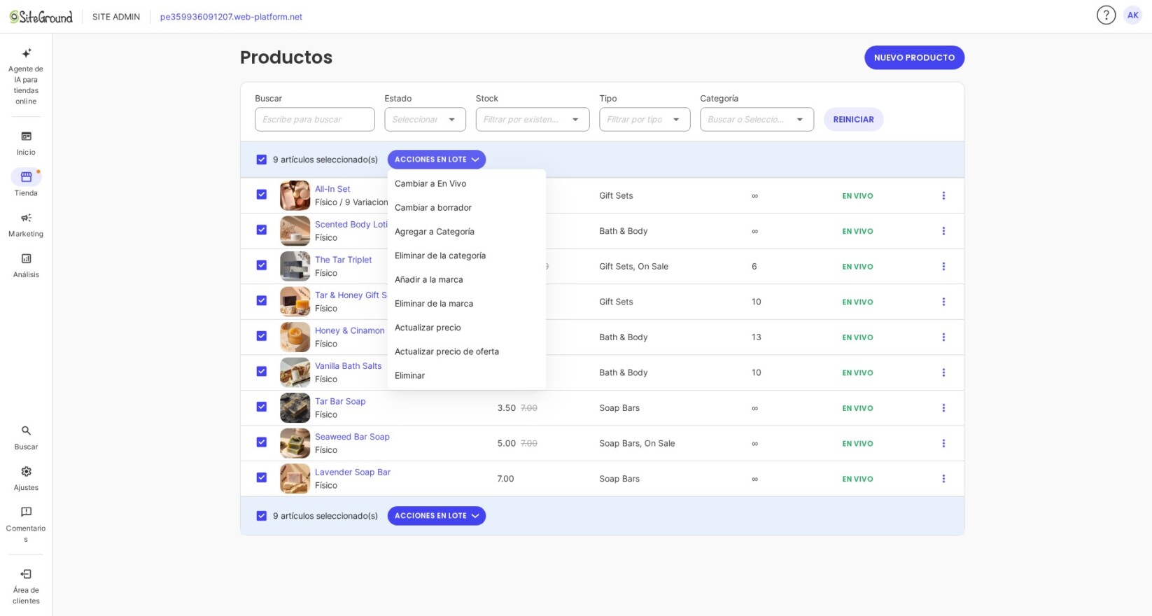 Añadiendo múltiples productos a una marca en SiteGround Ecommerce