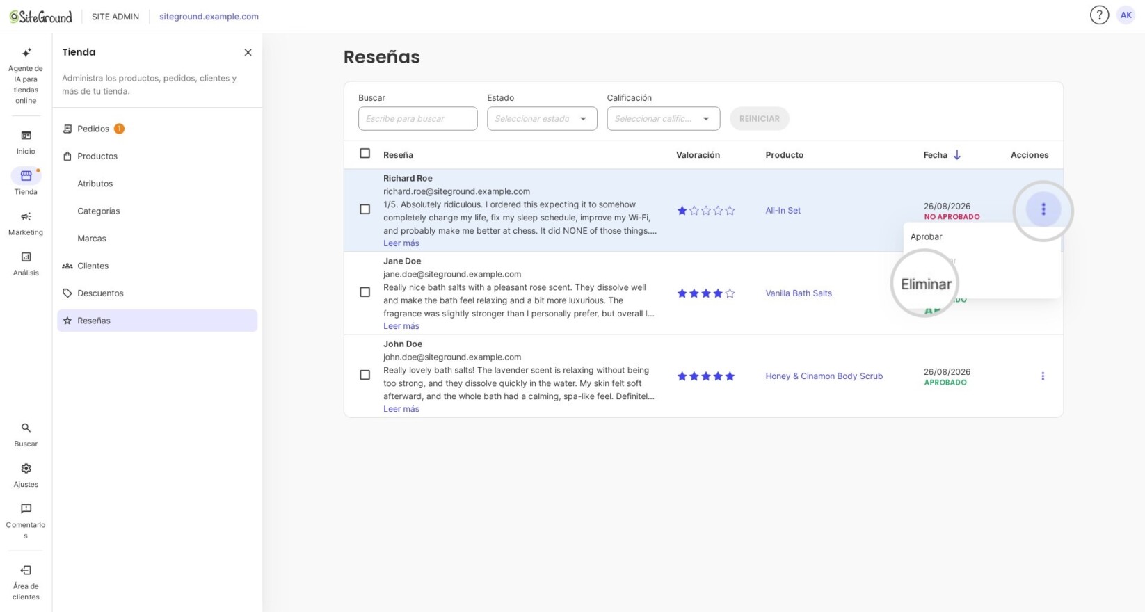 Menú de acciones con la opción 'Eliminar' para una reseña de producto