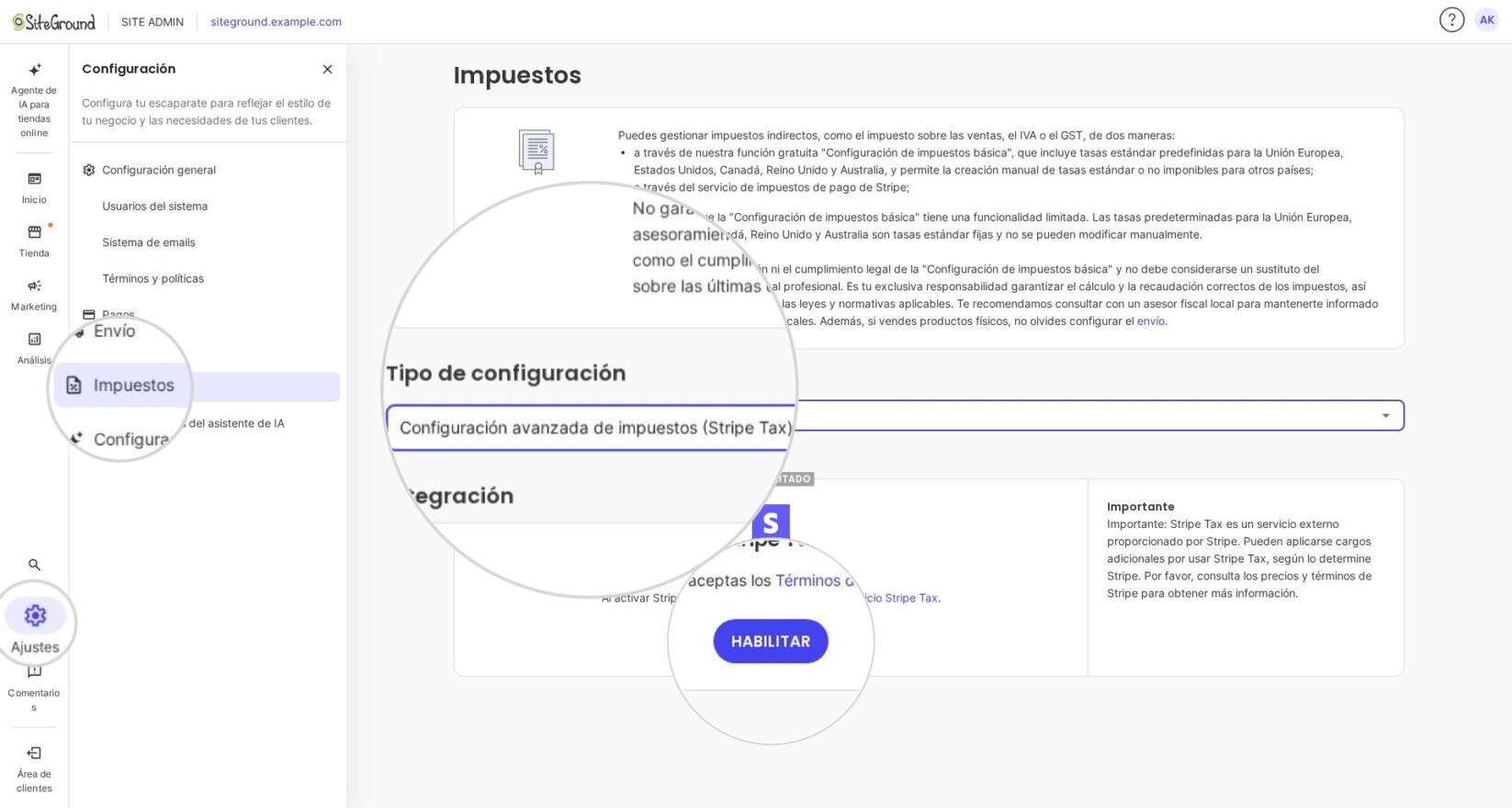 Captura de pantalla de la página de configuración de impuestos en la plataforma Ecommerce de SiteGround. La opción “Configuración avanzada de impuestos” está seleccionada en Tipo de configuración. La integración de Stripe Tax aparece como deshabilitada, con un botón de Activar resaltado.