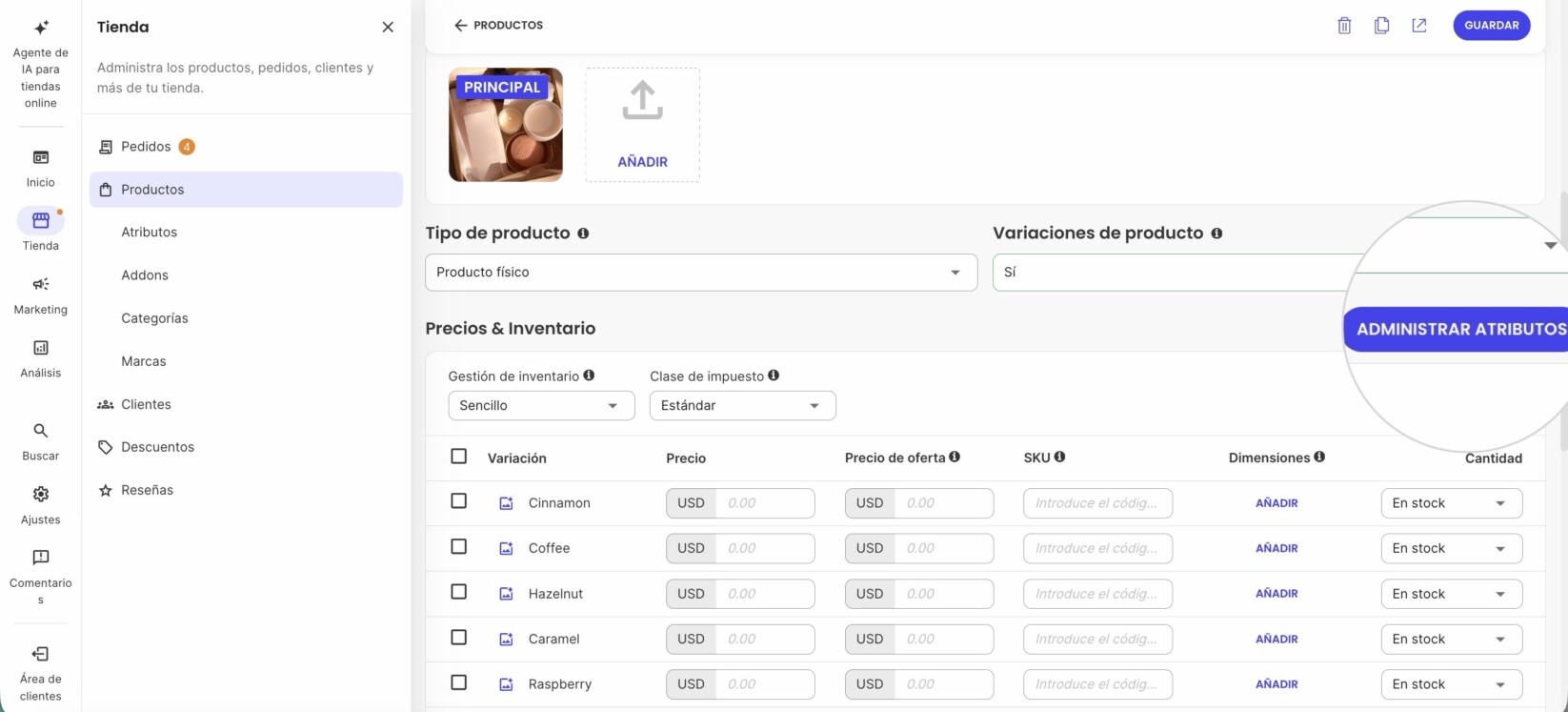 Botón Administrar atributos dentro de un editor de productos en Ecommerce