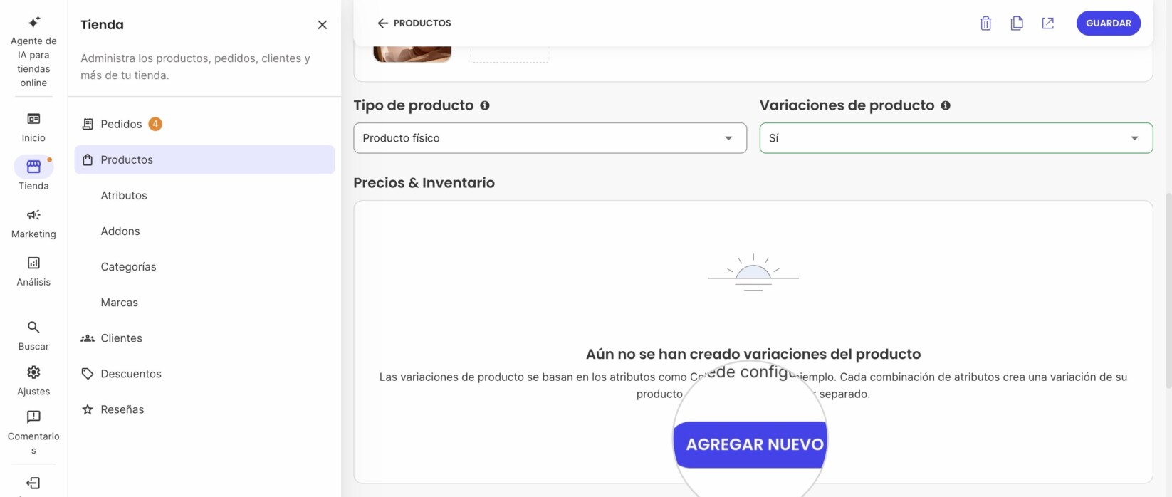 Haz clic en el botón Añadir variaciones para abrir una ventana emergente donde podrás configurar los atributos de estas variaciones
