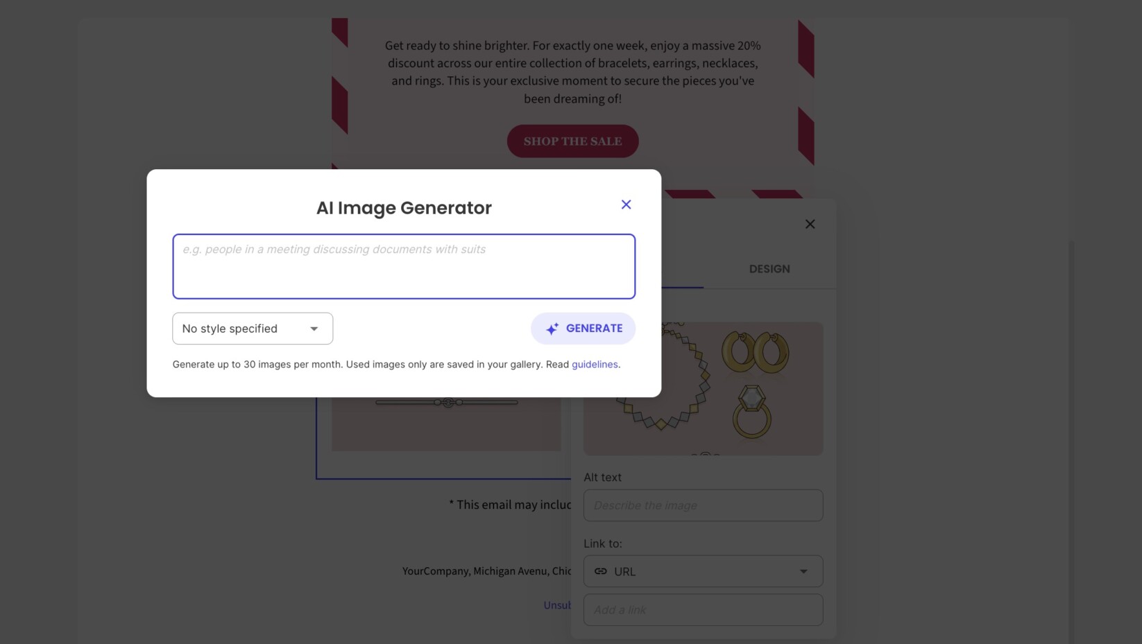 Captura de pantalla de la pantalla de introducción de prompt en el Generador de Imágenes con IA de SiteGround, con un texto descriptivo en el campo y opciones de estilo debajo.