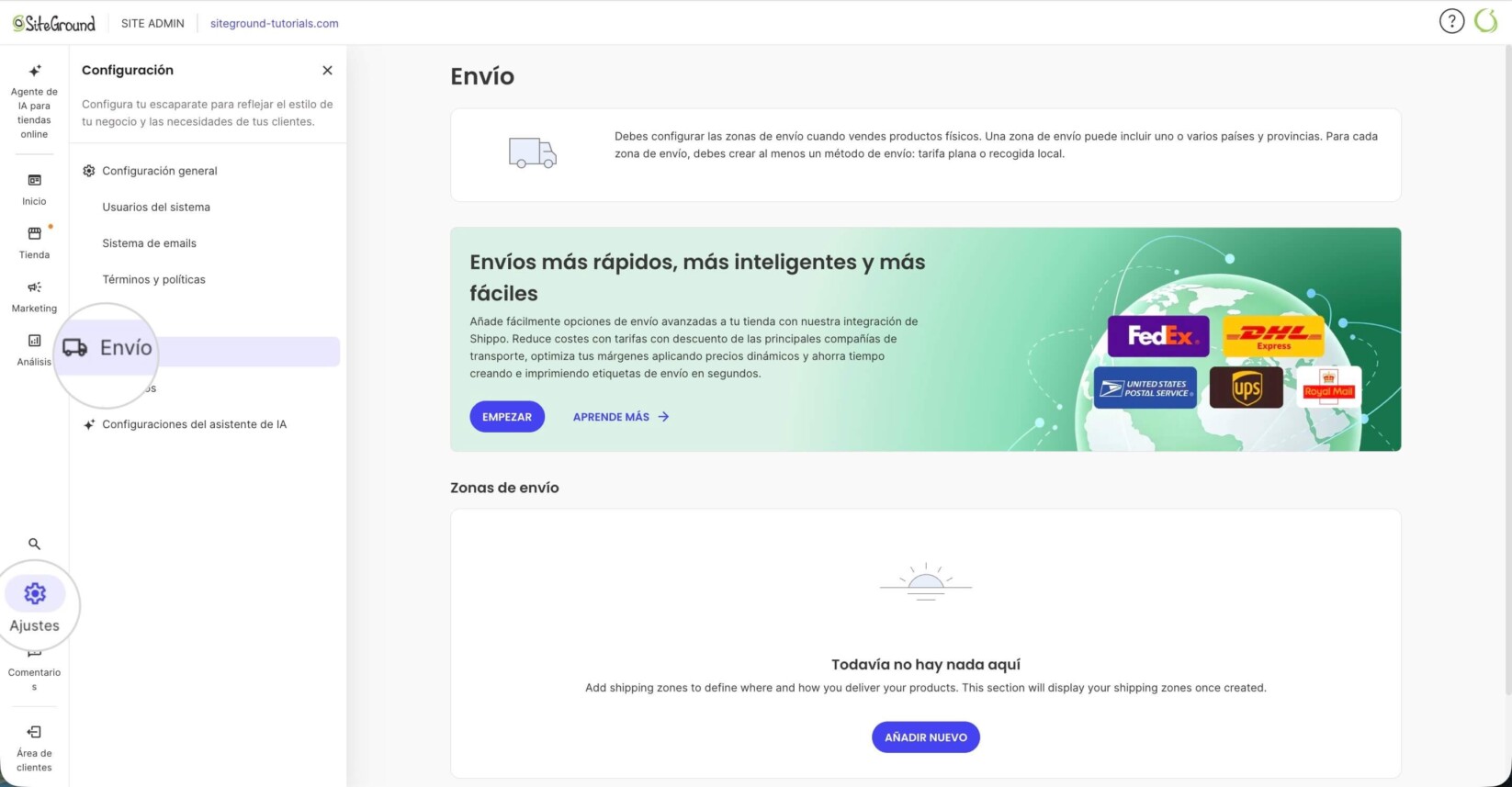 Panel de configuración del gestor de tienda del Ecommerce con la sección Envíos seleccionada. La pantalla explica cómo crear zonas de envío para productos físicos e incluye un botón Añadir nuevo.