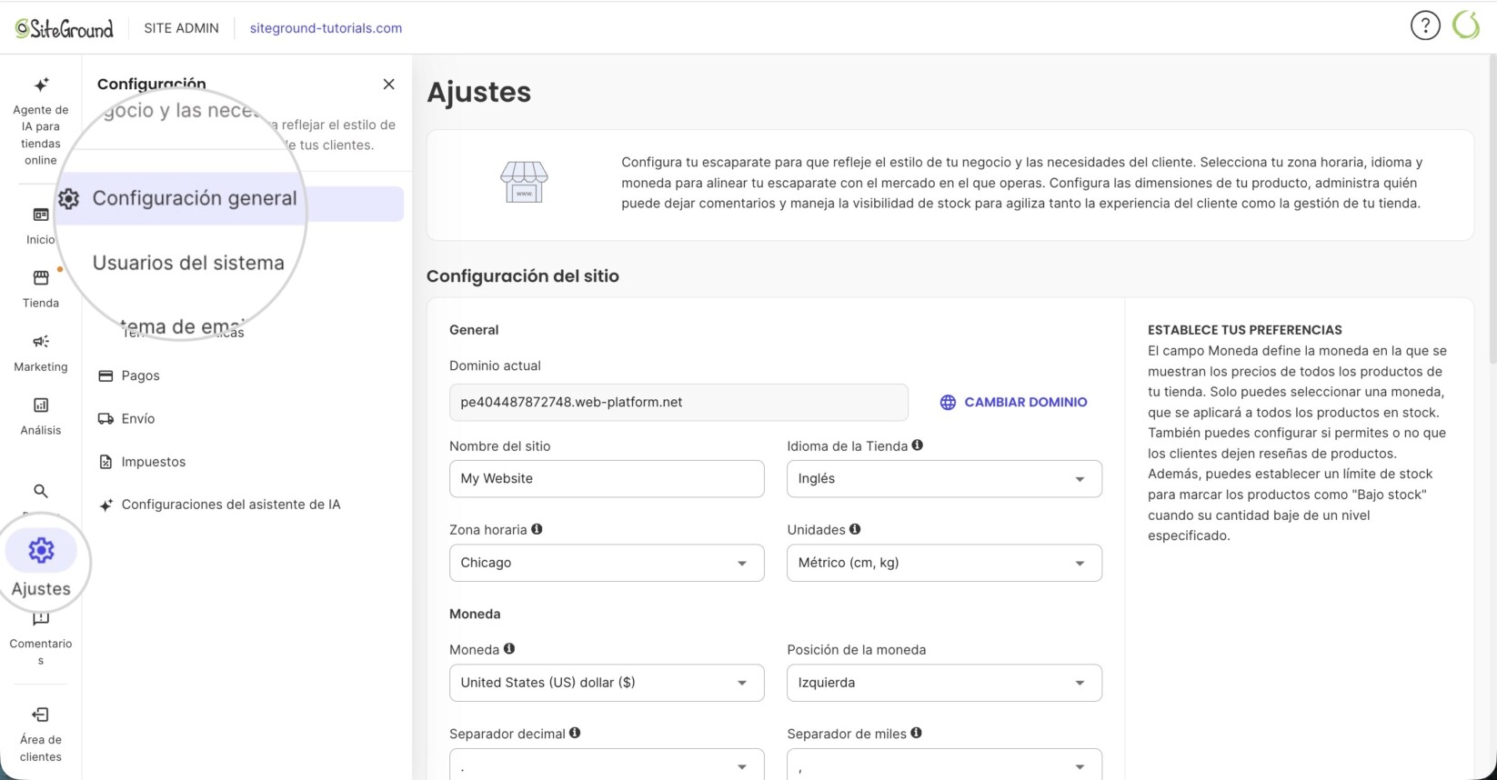 Página de configuración de la tienda en SiteGround Ecommerce