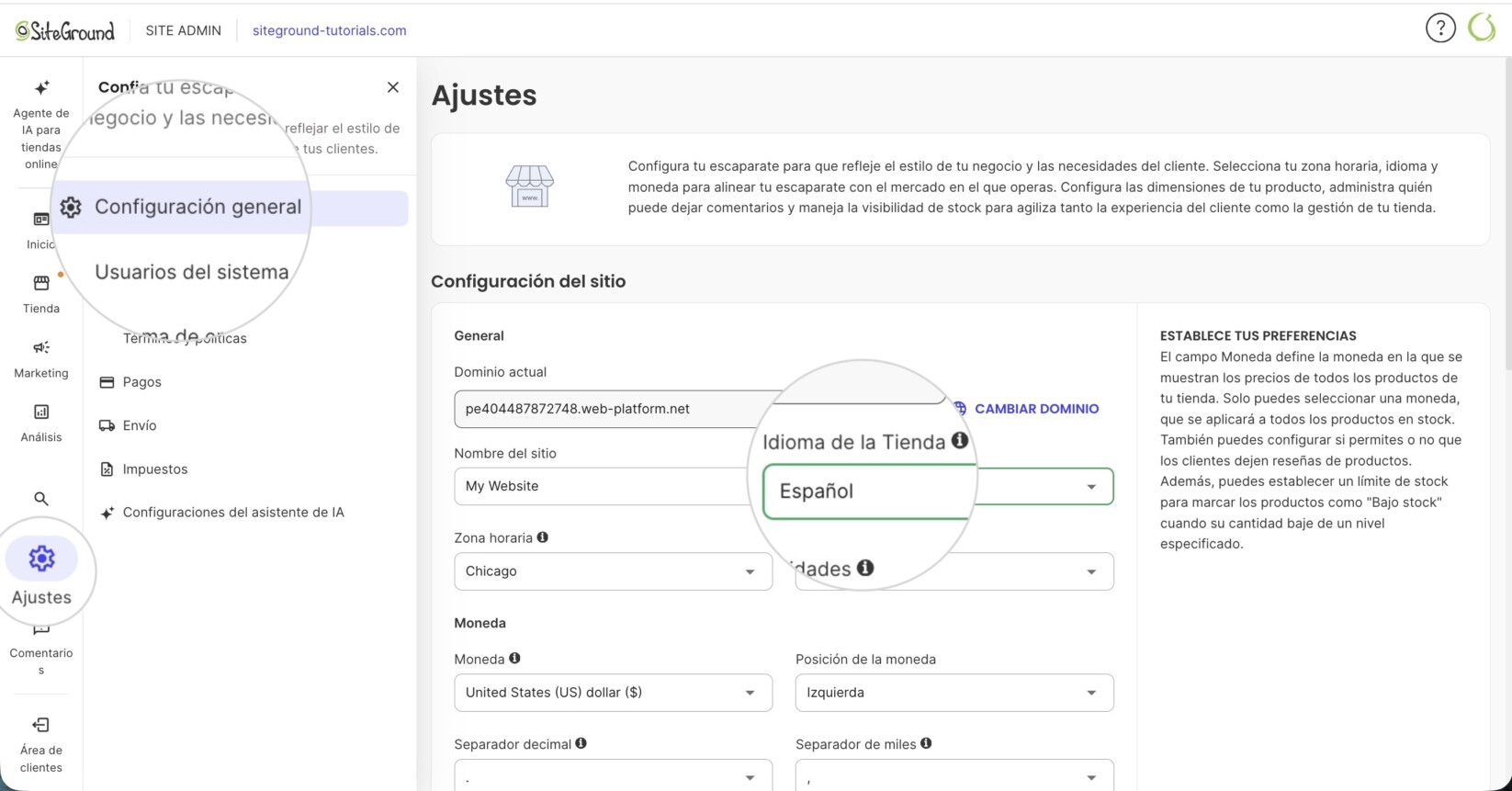 Menú de ajustes del idioma en SiteGround Ecommerce