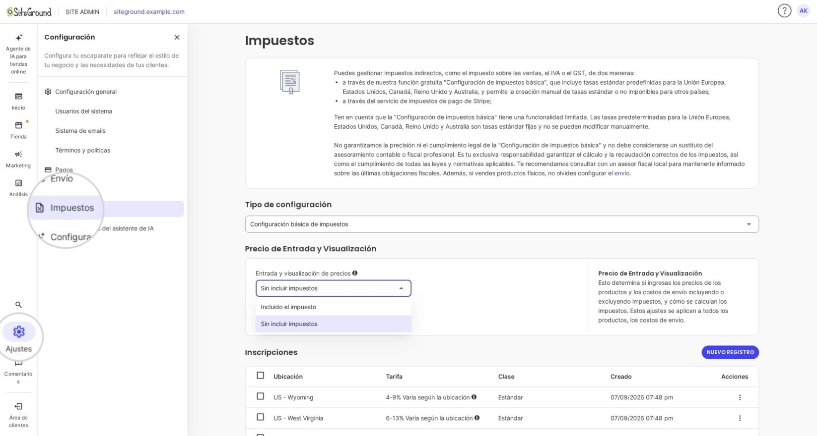 Página de configuración de impuestos en SiteGround Ecommerce con 'Configuración de impuestos básica' seleccionada. El menú desplegable 'Entrada y visualización de precios' está abierto mostrando las opciones 'Incluyendo impuesto' y 'Excluyendo impuesto'. El botón morado 'Nuevo registro' aparece en la sección Registros.
