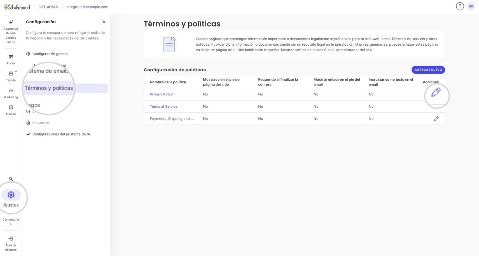Captura de pantalla de la página de configuración 'Términos y políticas' de SiteGround Ecommerce. Se muestran dos políticas —'Política de privacidad' y 'Términos del servicio'— con 'Requerido al finalizar la compra' y 'Mostrado en el pie de página' configurados en 'No'. El menú lateral izquierdo resalta 'Términos y políticas' y un círculo ampliado enfatiza el icono de lápiz de 'Editar' en la columna Acciones.