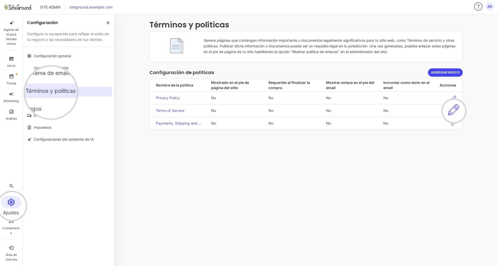 Panel de control de SiteGround Ecommerce que muestra la sección de Términos y políticas en Configuración. La página enumera políticas existentes, incluyendo Política de privacidad y Términos de servicio, con opciones para añadir una nueva o editar las existentes.