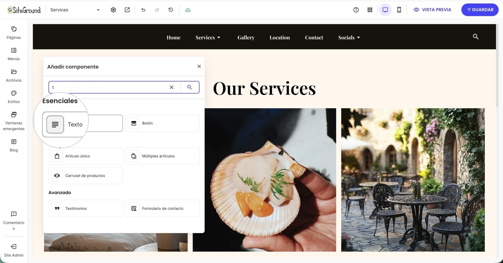 La página de Servicios actualizada con una nueva sección de Nuestros Servicios y un eslogan descriptivo.