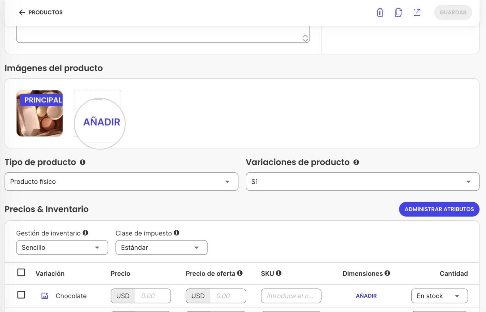 Botón para añadir imágenes a un producto