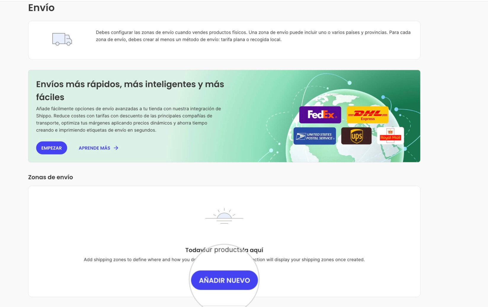 Página de envíos en Store Manager de Ecommerce que muestra que aún no hay zonas de envío, con un botón Añadir nuevo para crear la primera.