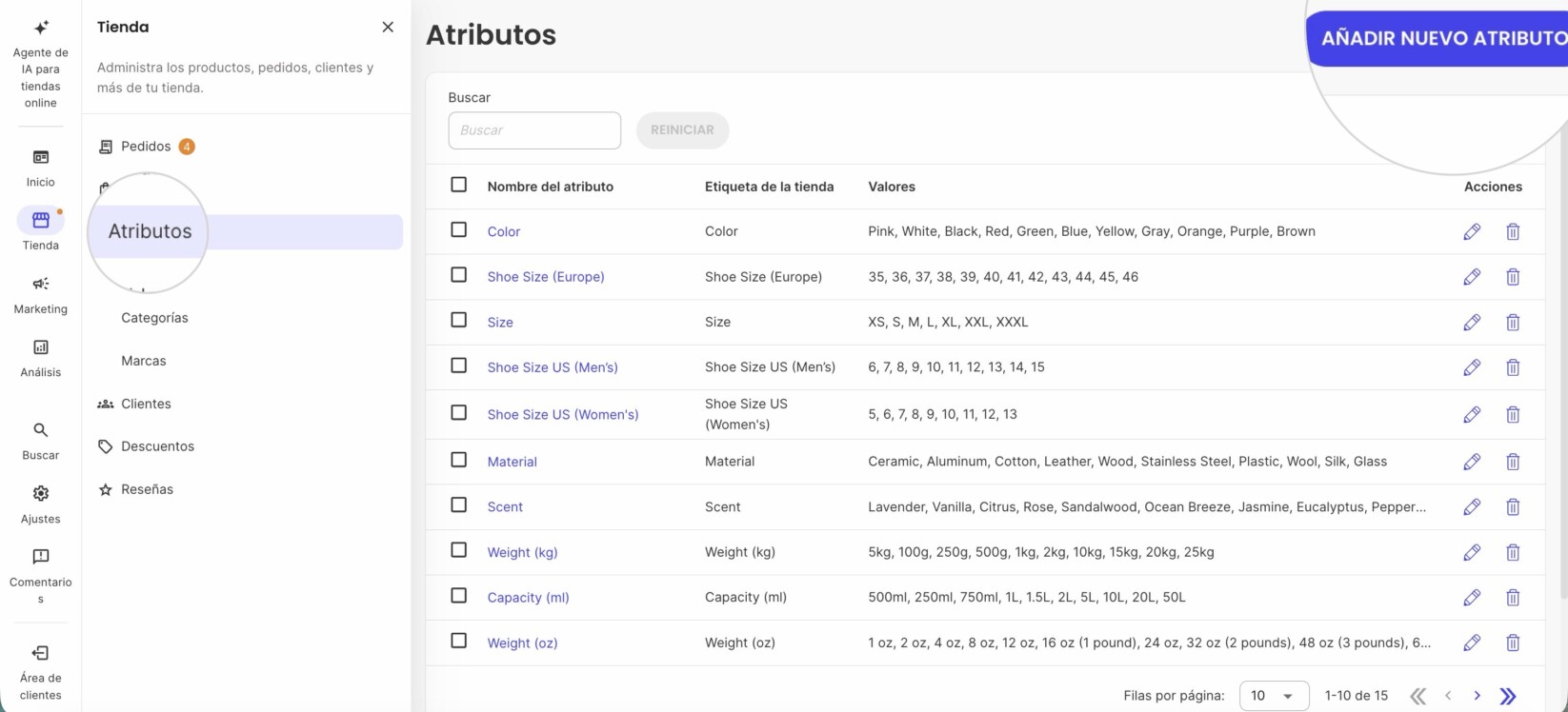 Botón Añadir Nuevo Atributo en la sección de Atributos en SiteGround Ecommerce