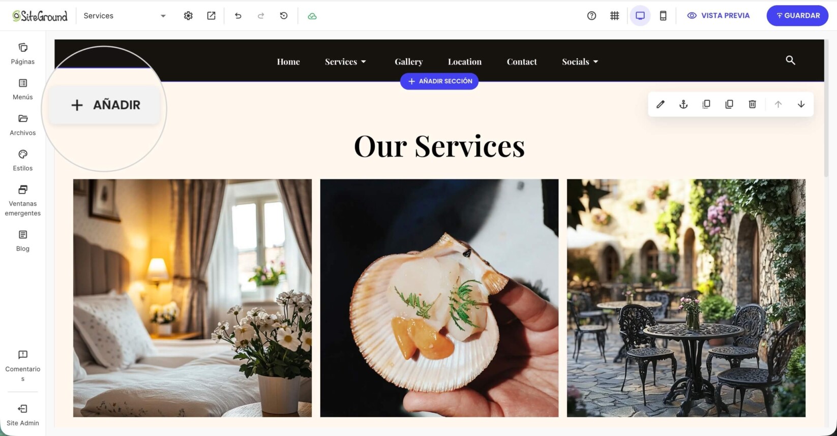 La página de Servicios actualizada con una nueva sección de Nuestros Servicios y un eslogan descriptivo.
