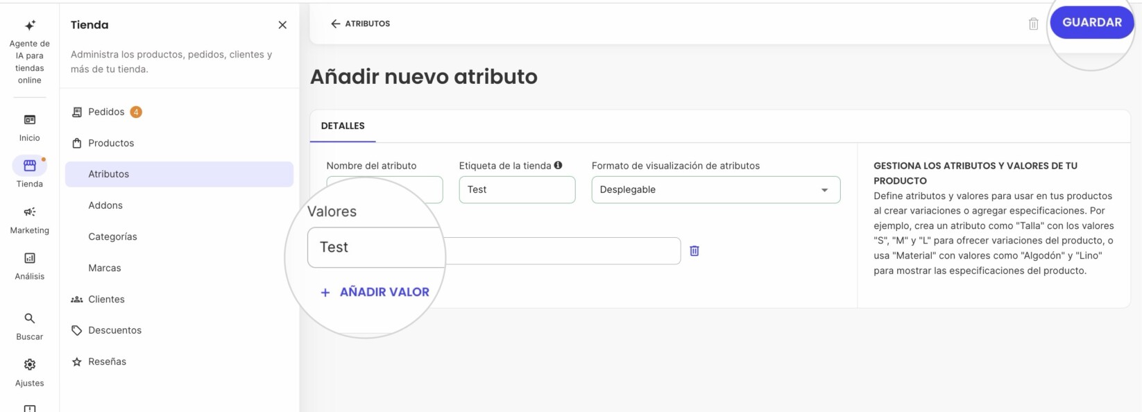 Añadir valores de atributo en SiteGround Ecommerce