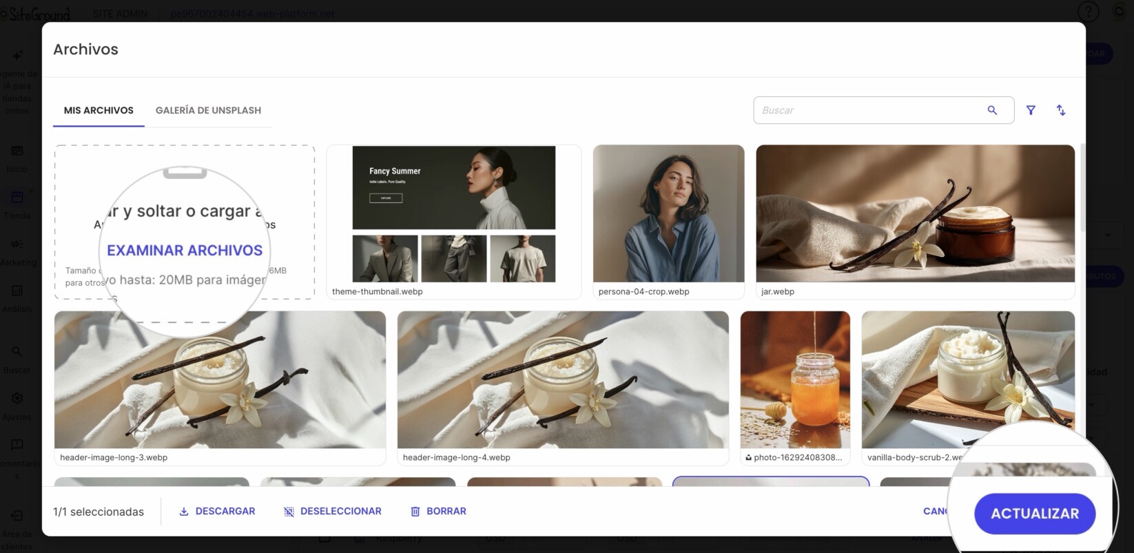 Una ventana emergente para seleccionar una imagen para un valor de atributo de imagen en Ecommerce