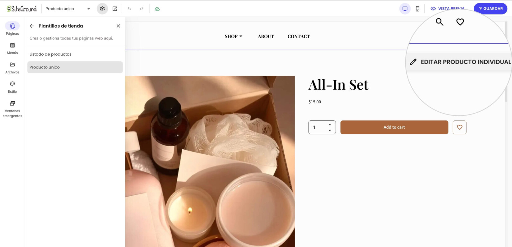 Botón Editar producto individual en Website Builder para personalizar las páginas de producto individual