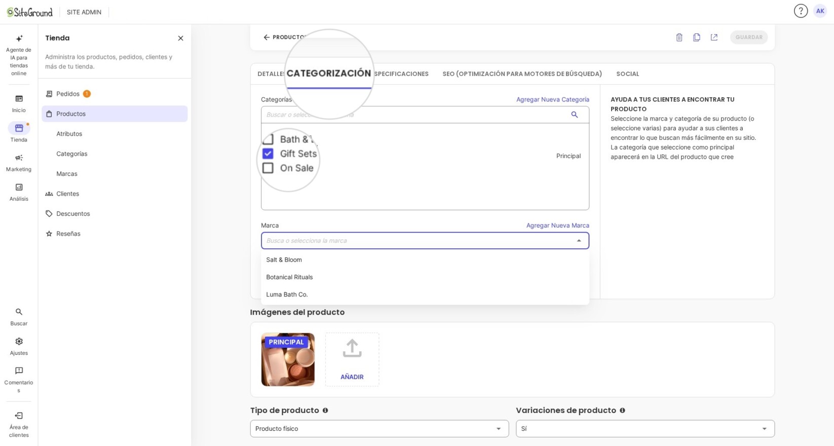 Asignando una marca existente a un producto en SiteGround Ecommerce