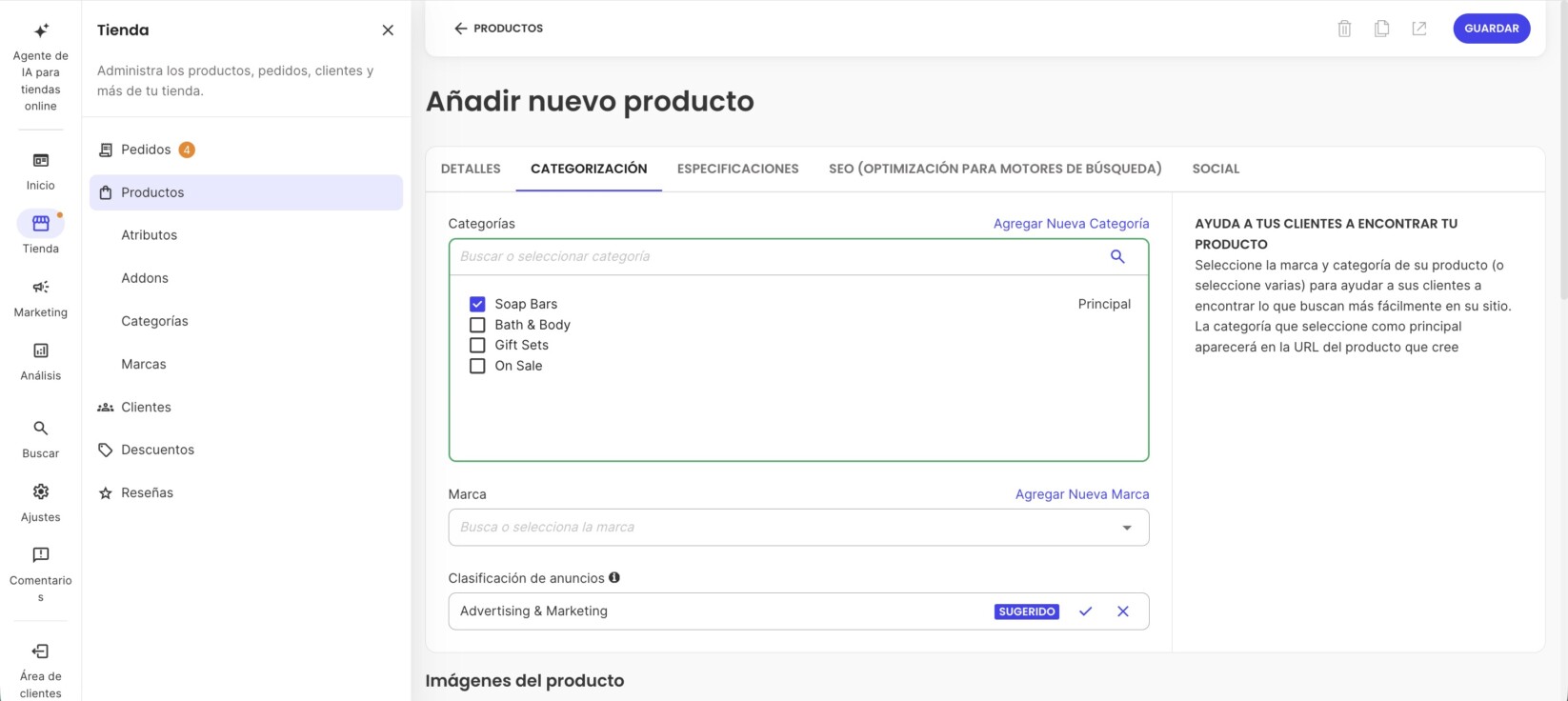 Configuración de categorización para un nuevo producto en SiteGround Ecommerce 