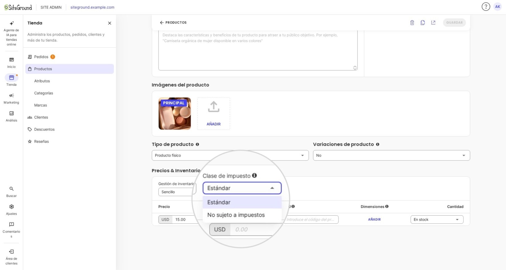 Captura de pantalla del panel de SiteGround Ecommerce donde se pueden añadir nuevos productos. Se resalta el menú 'Clase de impuestos', donde el usuario puede establecer la tributación del producto como Estándar o No sujeto a impuestos.