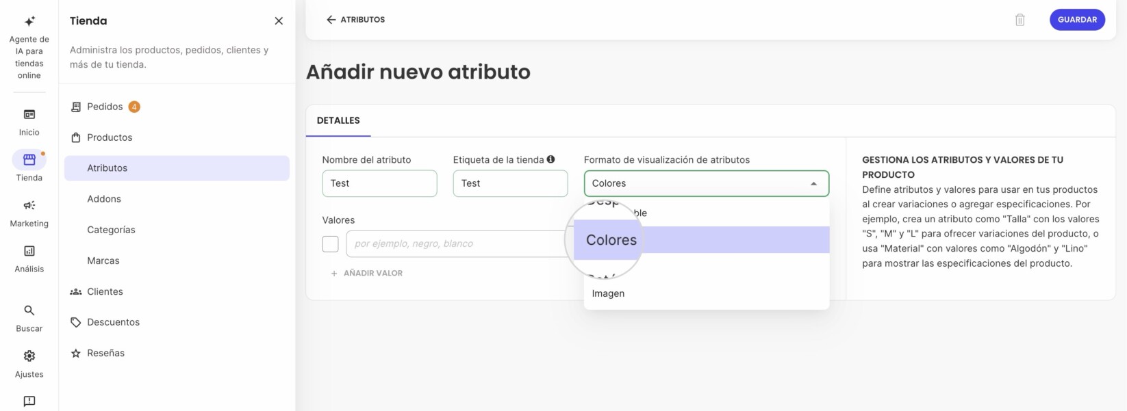Formato de visualización de colores para atributos en SiteGround Ecommerce