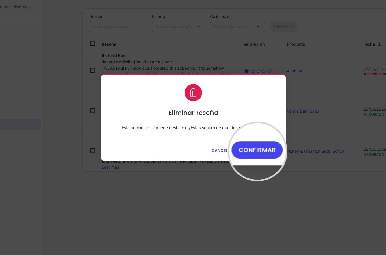Ventana emergente de confirmación para eliminar una reseña de producto