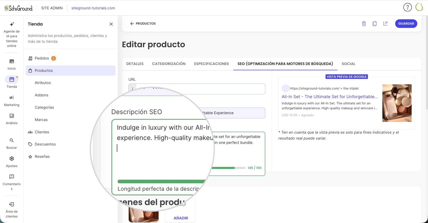 Campo de edición de la descripción SEO de un producto en SiteGround Ecommerce