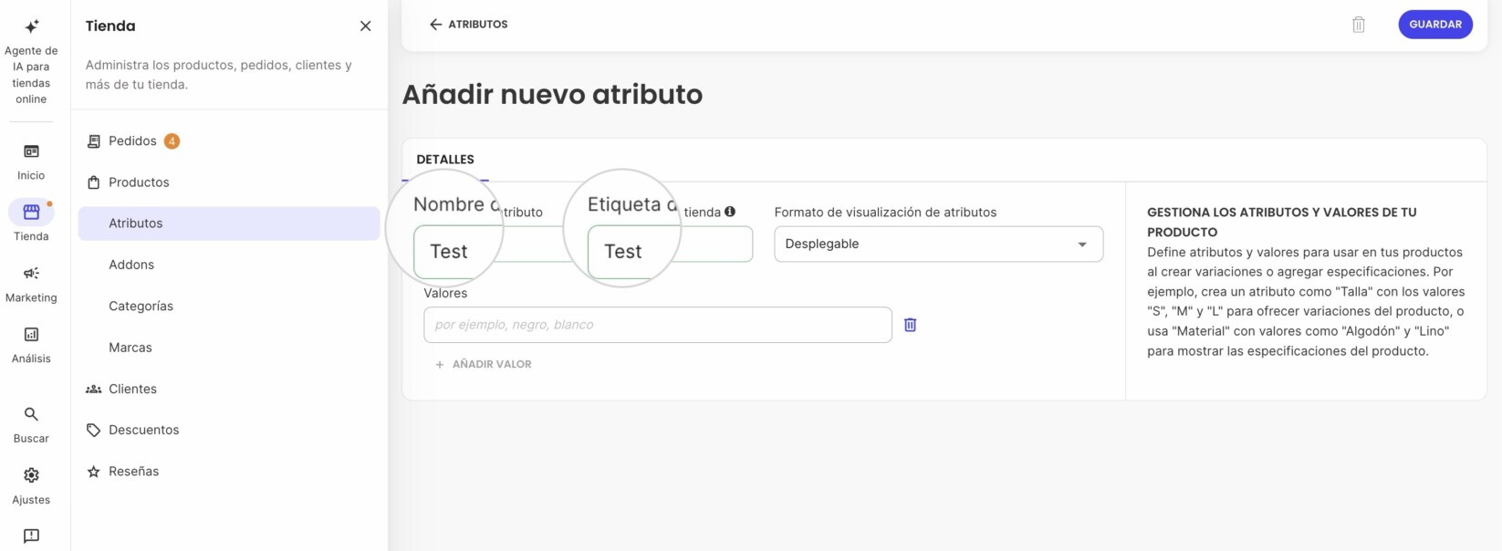 Nombre del atributo en SiteGround Ecommerce