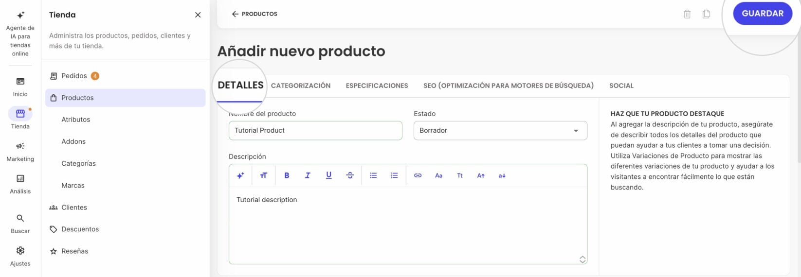 Descripción y Nombre en la página de un nuevo producto