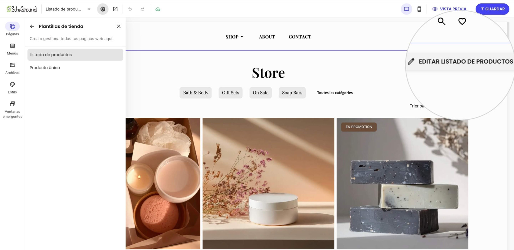 Botón Editar Listado de Productos en Website Builder para personalizar la página de listado de productos