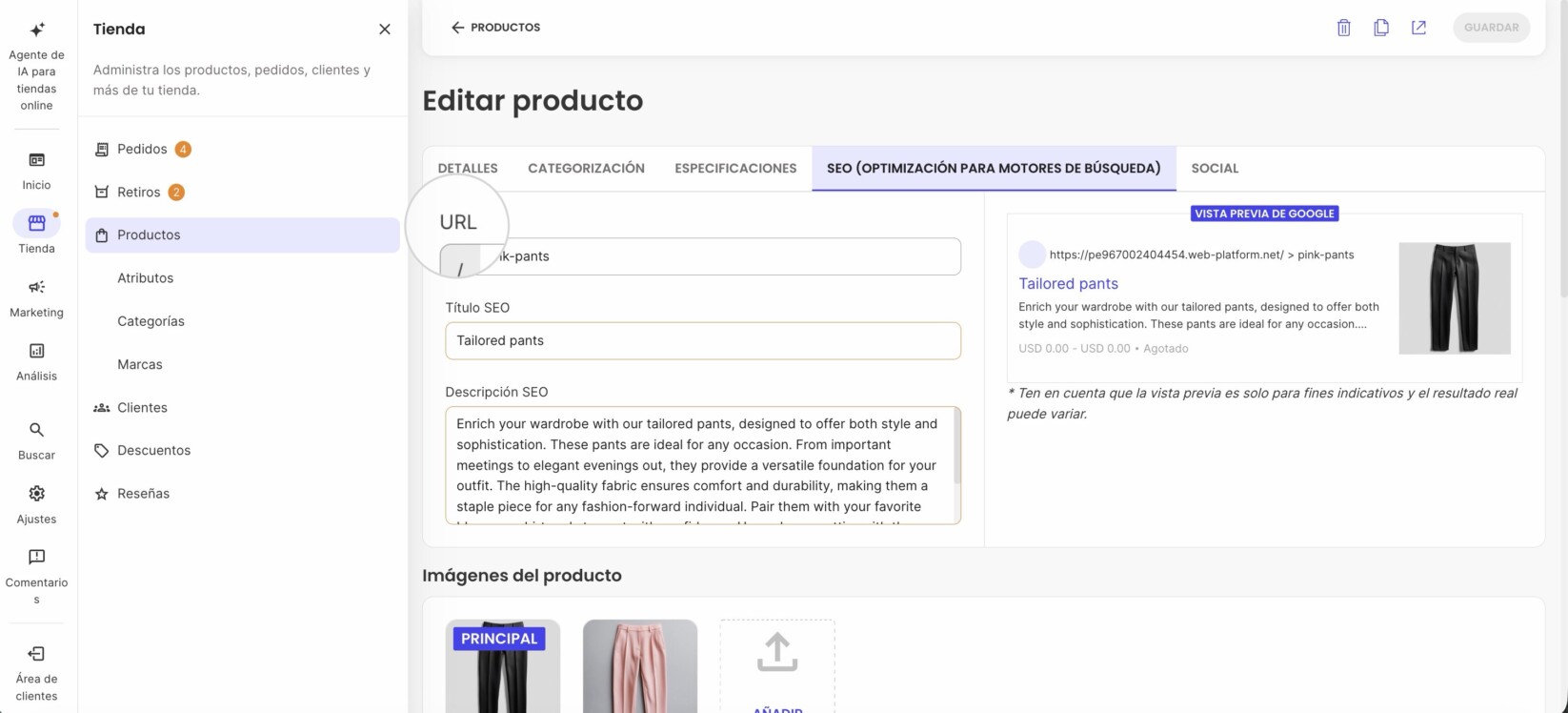 Sección de configuración SEO de producto en SiteGround Ecommerce