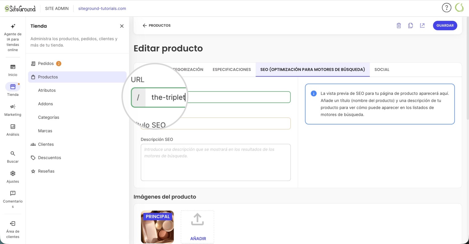 Pestaña SEO del gestor de tienda mostrando el campo para editar la URL de un producto
