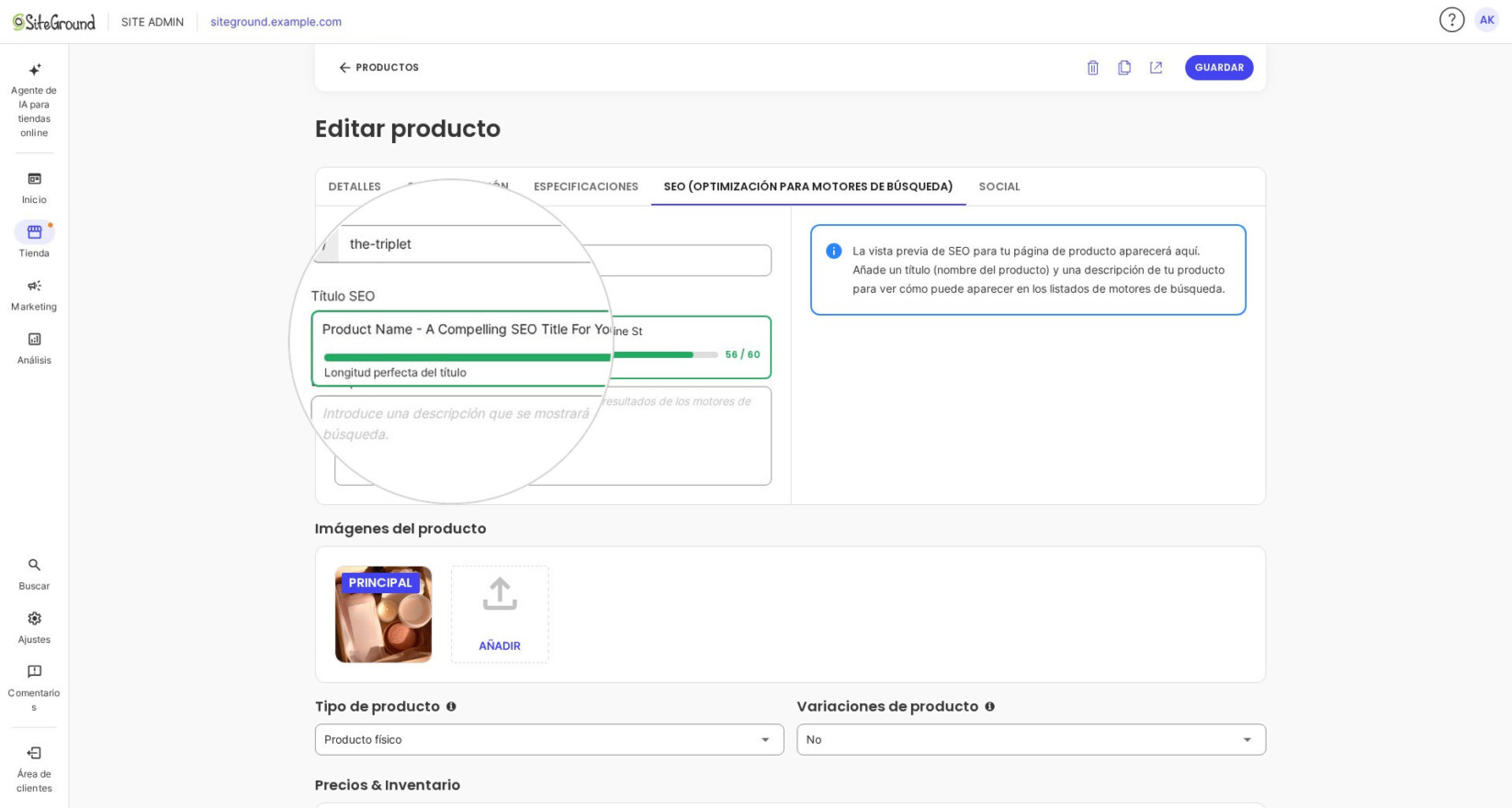 Campo de edición del título SEO de un producto en SiteGround Ecommerce