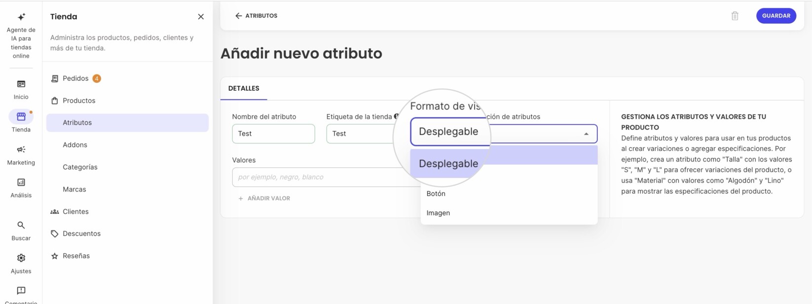 Formato de visualización del menú desplegable de un atributo en SiteGround Ecommerce