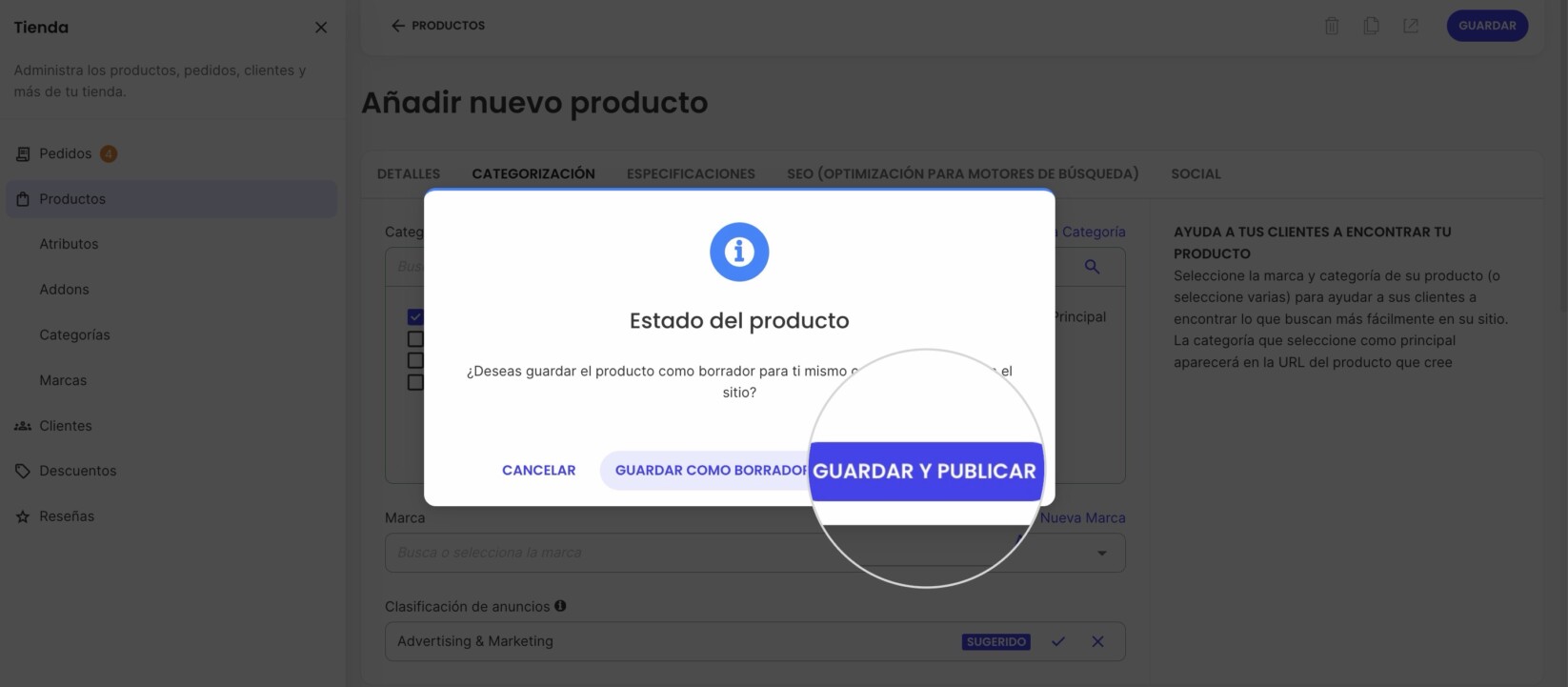 Botón de Guardar para confirmar un nuevo producto