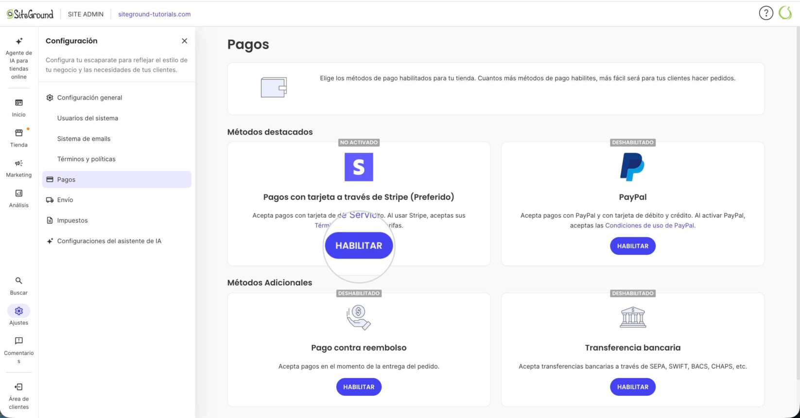 Botón Habilitar para conectar Stripe a SiteGround Ecommerce
