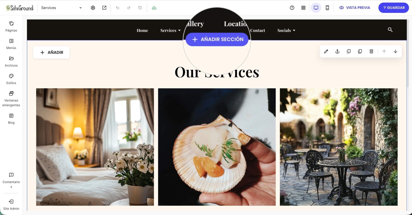 Seleccionando la opción de añadir una nueva sección a la página de Servicios en Website Builder.