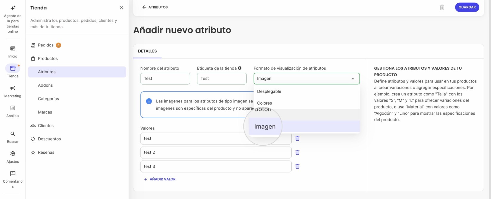 Menú Formato de visualización de atributos para añadir un nuevo atributo en Ecommerce donde se selecciona el tipo Imagen