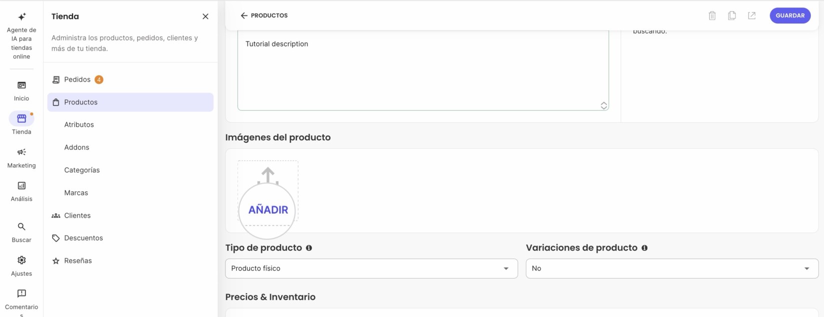 Botón para añadir imágenes a un nuevo producto
