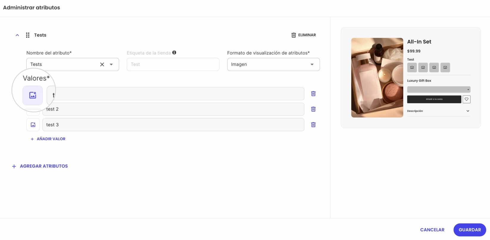 Adición de una imagen a un valor de atributo de imagen dentro de un editor de productos en Ecommerce