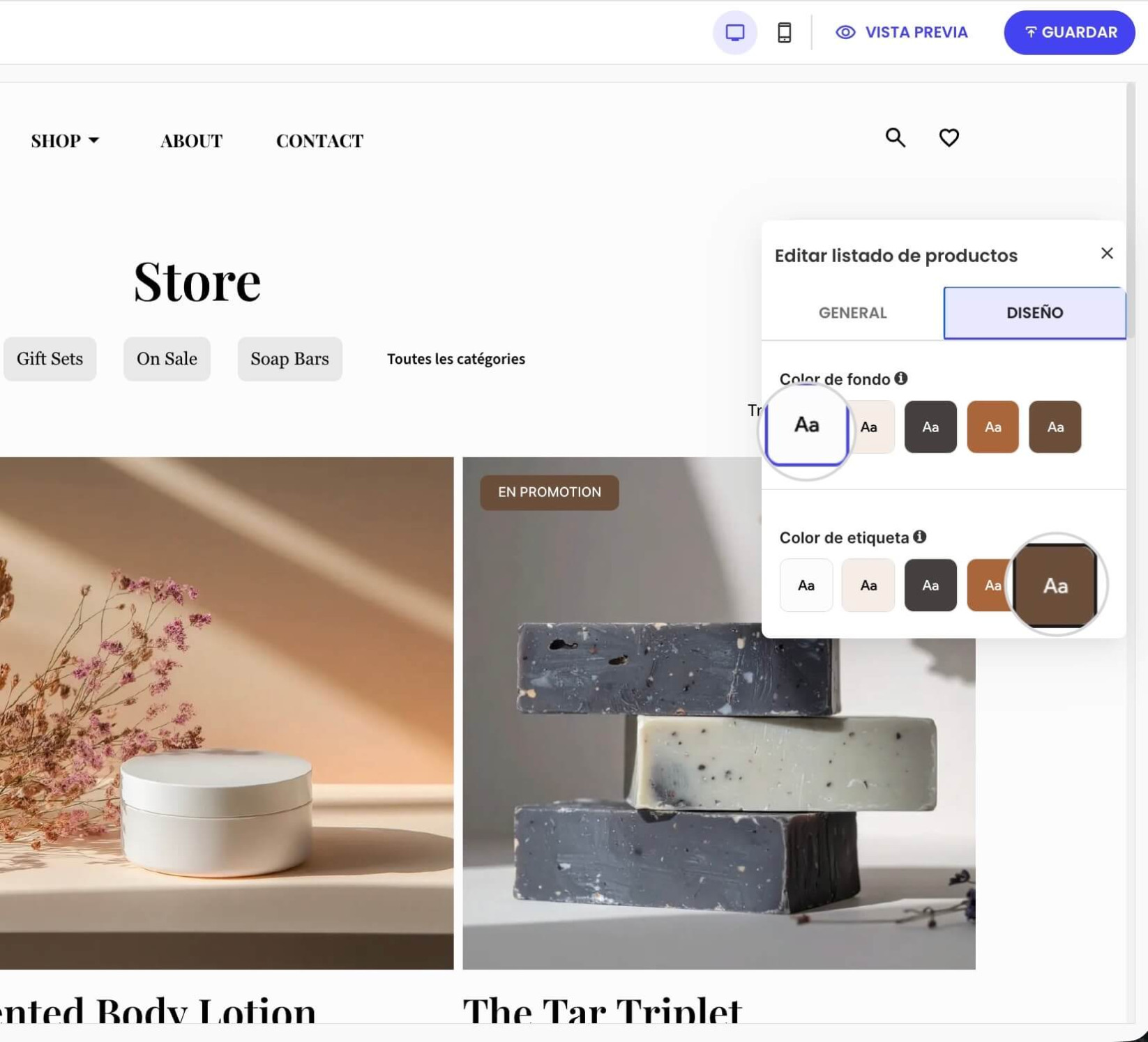 Ventana de ajustes del Listado de Productos que muestra las opciones de Diseño