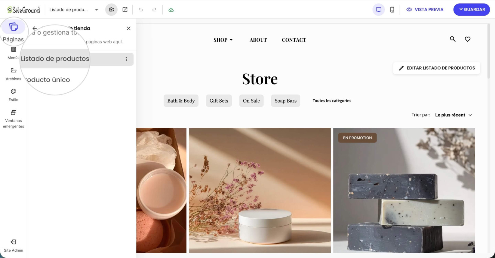 Pestaña de Páginas en Website Builder donde se selecciona la página de Listado de Productos