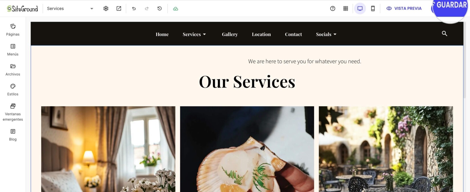 La página de Servicios actualizada con una nueva sección de Nuestros Servicios y un eslogan descriptivo.