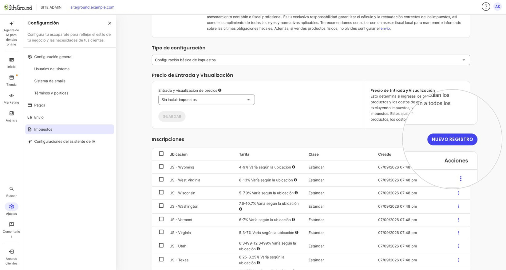 Página de configuración de impuestos en SiteGround Ecommerce mostrando 'Configuración de impuestos básica' seleccionada. La opción 'Entrada y visualización de precios' está configurada en 'Excluyendo impuesto' con el botón Guardar en gris. Un resaltado señala el botón morado 'Nuevo registro' en la sección Registros.